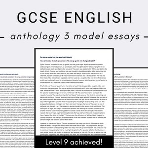 May include: A close-up of a page from a GCSE English anthology textbook. The page features a model essay about the poem "Do Not Go Gentle into That Good Night" by Dylan Thomas. The essay discusses the poem's themes of death, defiance, and the importance of fighting against the inevitability of death. The essay also highlights the use of imagery and language in the poem.