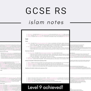 May include: A set of notes on Islam for GCSE Religious Studies. The notes cover topics such as Tawhid, the supremacy of God's will, angels, and the importance of the belief in Tawhid and the supremacy of God. The notes also include the text "Level 9 achieved!"