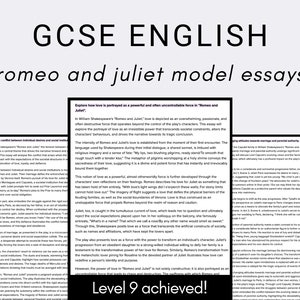 以下が含まれることがあります： 「ロミオとジュリエット モデルエッセイ」というタイトルの GCSE 英語教科書のページのクローズアップ。ページには、ウィリアム・シェイクスピアによる戯曲「ロミオとジュリエット」に関するテキストが掲載されており、愛を力強く、そしてしばしば制御不能な力として取り上げています。テキストには、戯曲からの引用と、登場人物の行動と動機についての分析が含まれています。ページには、「レベル 9 達成！」というフレーズも含まれています。