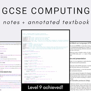 Puede incluir: Una página de un libro de texto de informática de GCSE con notas y ejemplos de código anotados. El texto destaca el ciclo Fetch-Execute y el Protocolo de Transferencia de Hipertexto (HTTP). La página también incluye una nota que indica que se ha alcanzado el nivel 9.