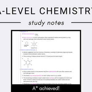 以下が含まれることがあります： Aレベル化学の学習ノート。ベンゼン、環状炭化水素のケクレモデルの図が示されています。ベンゼンは、環状に結合した6つの炭素原子で構成されています。ノートには、分子式、基本構造、ベンゼンの非局在化モデルも含まれています。
