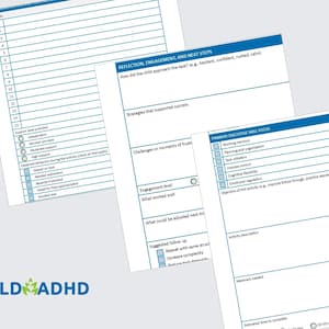Peut inclure: Plusieurs feuilles de papier blanches avec du texte bleu sont dispos&eacute;es sur un fond clair. Les feuilles contiennent des listes de contr&ocirc;le et des invites relatives &agrave; la r&eacute;flexion, &agrave; l'engagement et &agrave; la concentration sur les comp&eacute;tences ex&eacute;cutives. Le logo "LD ADHD" est visible en bas &agrave; gauche.