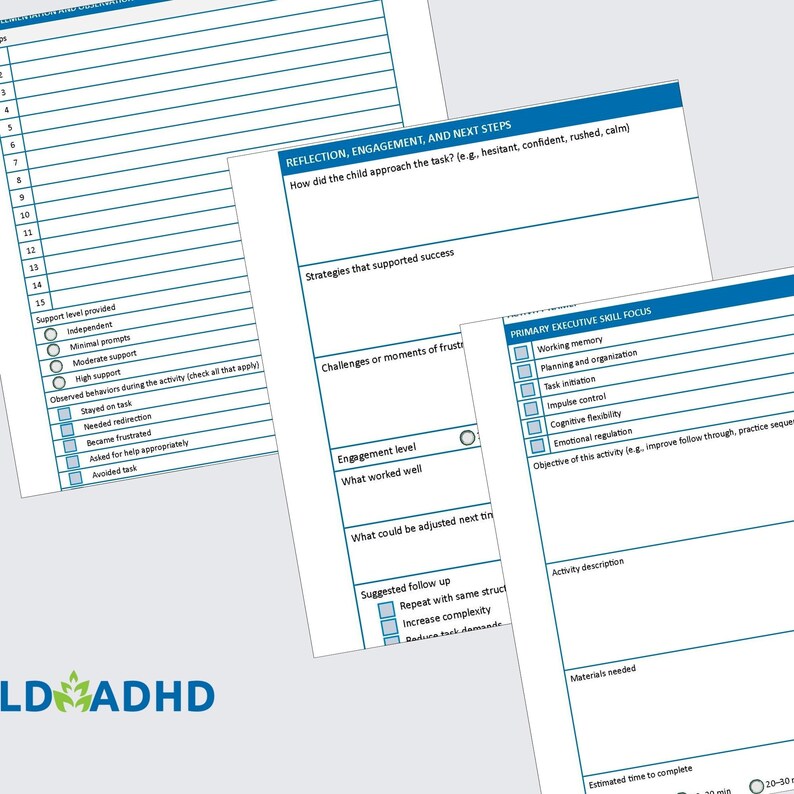 Peut inclure: Plusieurs feuilles de papier blanches avec du texte bleu sont dispos&eacute;es sur un fond clair. Les feuilles contiennent des listes de contr&ocirc;le et des invites relatives &agrave; la r&eacute;flexion, &agrave; l'engagement et &agrave; la concentration sur les comp&eacute;tences ex&eacute;cutives. Le logo "LD ADHD" est visible en bas &agrave; gauche.