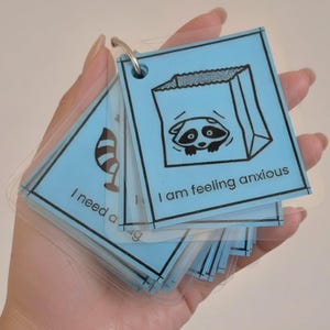 May include: A set of light blue communication cards held together by a metal ring. Each card features a black line drawing of a raccoon and text. One card shows a raccoon inside a paper bag with the text, I am feeling anxious, while another card shows a raccoon tail with the text, I need a hug.