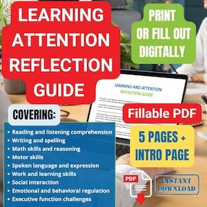 Könnte beinhalten: Ein digitales Lernhandbuch mit dem Titel "Learning Attention Reflection Guide" mit rotem Banner. Der Leitfaden behandelt Lesen, Schreiben, Mathematik, motorische Fähigkeiten und mehr. Es ist ein ausfüllbares PDF mit 5 Seiten und einer Einführungsseite, sofort zum Download verfügbar.