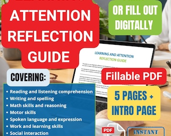 Guide d'apprentissage et de réflexion sur l'attention, PDF à remplir, outil d'aide au TDAH sans diagnostic pour les parents, les éducateurs et les adultes