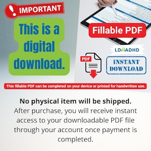 Peut inclure: Image annon&ccedil;ant un t&eacute;l&eacute;chargement num&eacute;rique d'un PDF remplissable. Le design comprend des banni&egrave;res rouges et vertes avec les mentions "IMPORTANT", "Ceci est un t&eacute;l&eacute;chargement num&eacute;rique" et "PDF remplissable". Une ic&ocirc;ne PDF est &eacute;galement pr&eacute;sente.