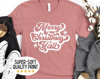 Merry Christmas yall shirt, women's Christmas tee, winter holiday tee, retro Xmas tshirt