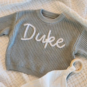 Sky Blue Baby Name Sweater, Hand Embroidered Sweater, Chunky Knit Sweater, Personalized Name Sweater, Baby Announcement, Custom Baby Gift image 3