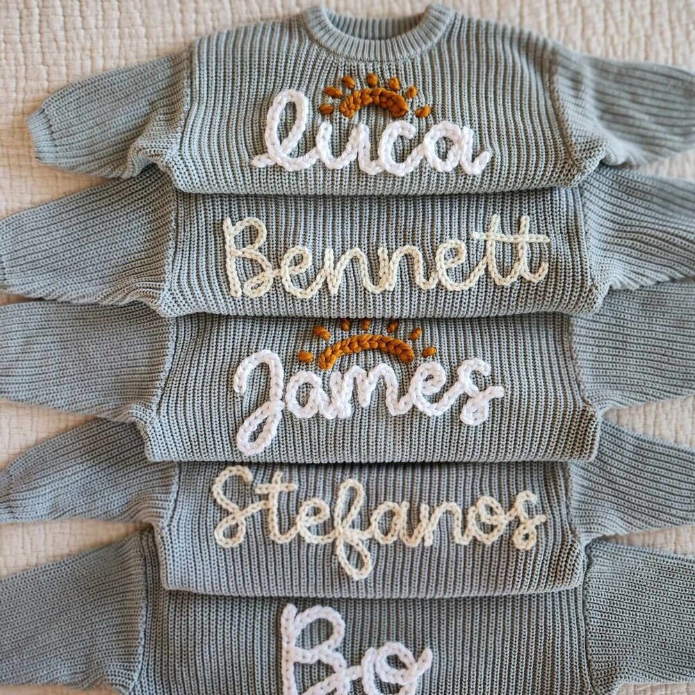 Hand Embroidered Sky Blue Baby Name Sweater, Hand Embroidered Sweater, Chunky Knit Sweater, Personalized Name Sweater, Baby Announcement, Custom Baby Gift Toddler Sweater Unisex Style Animood