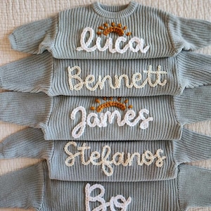 Sky Blue Baby Name Sweater, Hand Embroidered Sweater, Chunky Knit Sweater, Personalized Name Sweater, Baby Announcement, Custom Baby Gift image 1