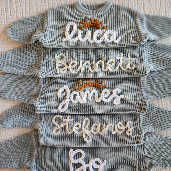 Sky Blue Baby Name Sweater, Hand Embroidered Sweater, Chunky Knit Sweater, Personalized Name Sweater, Baby Announcement, Custom Baby Gift