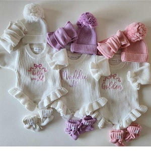 Embroidered Ruffle Romper, Birth Announcement for Baby Girl, Knit Embroidered Romper, 100% Cotton Romper, Baby Shower Gift