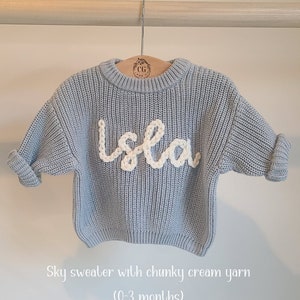 Sky Blue Baby Name Sweater, Hand Embroidered Sweater, Chunky Knit Sweater, Personalized Name Sweater, Baby Announcement, Custom Baby Gift image 2