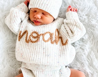 NEWBORN Hand Embroidered Sweater Set, Custom Name Baby Sweater & Shorts, Personalized Birth Announcement, Knit Sweater Baby Announcement