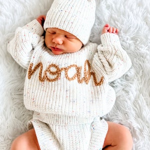 NEWBORN Hand Embroidered Sweater Set, Custom Name Baby Sweater & Shorts, Personalized Birth Announcement, Knit Sweater Baby Announcement image 1