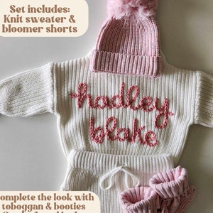 Conjunto de anuncio de nacimiento: suéter y pantalones cortos para bebé con nombre personalizado de malvavisco, conjunto de anuncio de nacimiento personalizado y bordado a mano