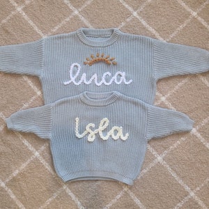 Sky Blue Baby Name Sweater, Hand Embroidered Sweater, Chunky Knit Sweater, Personalized Name Sweater, Baby Announcement, Custom Baby Gift image 4