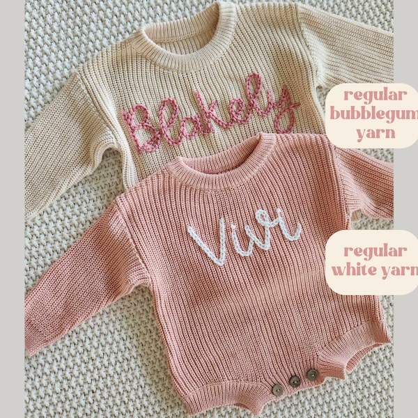 Hand Embroidered Sweater Romper, Custom Baby Sweater Romper, Personalized Name Sweater, Baby Announcement, Embroidered Knit Romper