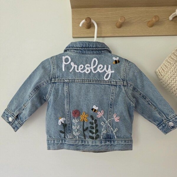 Personalized Denim Jacket for Babies, Toddlers & Youth - Hand Embroidered Custom Jean Jacket - Wildflowers Denim Jacket, Premium Custom Gift