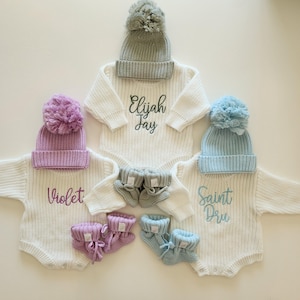 Embroidered Knit Romper, Birth Announcement, Embroidered Sweater Romper, Custom 100% Cotton Baby Romper, Embroidered Baby Shower Gift
