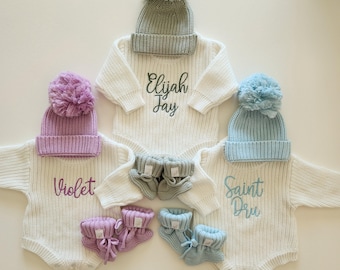 Bestickter Strick-Strampler, Geburtsanzeige, Gestickter Pullover-Strampler, Benutzerdefinierte 100% Baumwolle Babyspielanzug, Gesticktes Babypartygeschenk