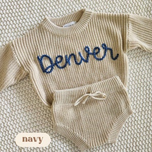 6-12 months Baby Sweater Set- BISCOTTI Embroidered Name Baby Sweater & Shorts, Personalized Birth Announcement, First Birthday Set
