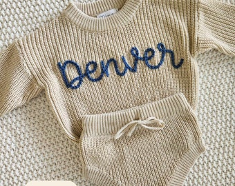 Baby-Pullover-Set (6–12 Monate) – BISCOTTI Baby-Pullover und Shorts mit Namensstickerei, personalisierte Geburtsanzeige, Set zum ersten Geburtstag