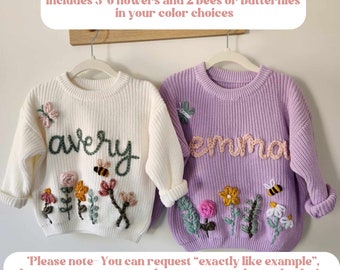 Embroidered Wildflower Sweater, Personalized Sweater, Hand Embroidered Flowers, Baby Announcement, Baby Shower Gift, Milestone Photo Sweater