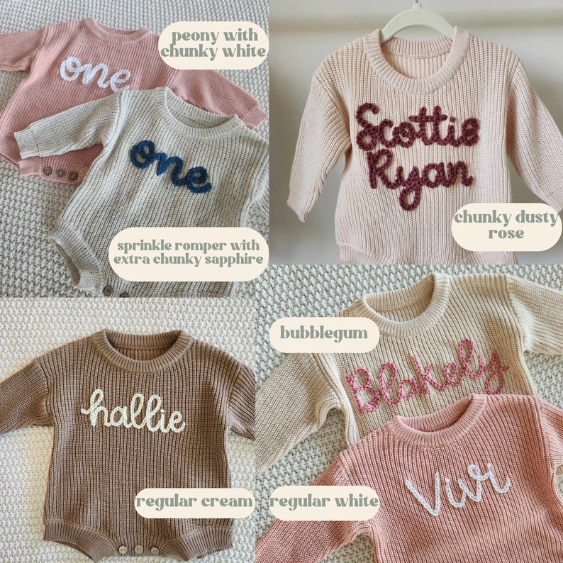 Personalized Hand Embroidered Sweater Romper, Birth Announcement Sweater, Name Sweater, Embroidered Knit Romper, First Birthday Outfit image 7