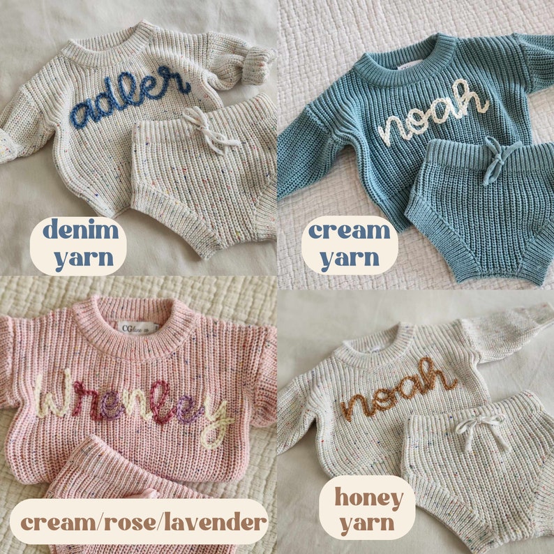 NEWBORN Hand Embroidered Sweater Set, Custom Name Baby Sweater & Shorts, Personalized Birth Announcement, Knit Sweater Baby Announcement image 7