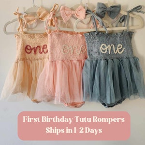 FAST SHIPPING - "one" Hand Embroidered Tutu, First Birthday Outfit, Embroidered Baby Romper, Ready to Ship Tutu!