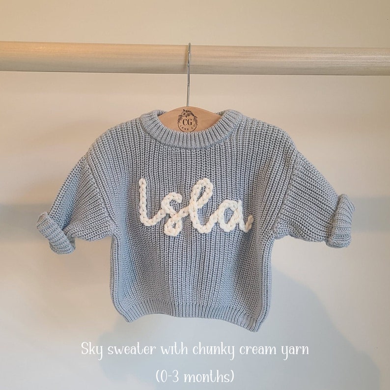 Sky Blue Baby Name Sweater, Hand Embroidered Sweater, Chunky Knit Sweater, Personalized Name Sweater, Baby Announcement, Custom Baby Gift image 2