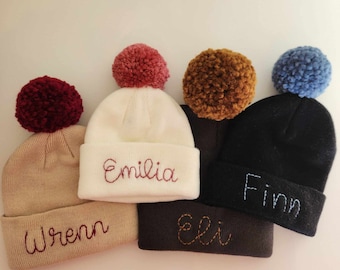 Personalized Beanie, Hand Embroidered Beanie,  Custom Name Toboggan, Pom Pom Beanie, Personalized Gift