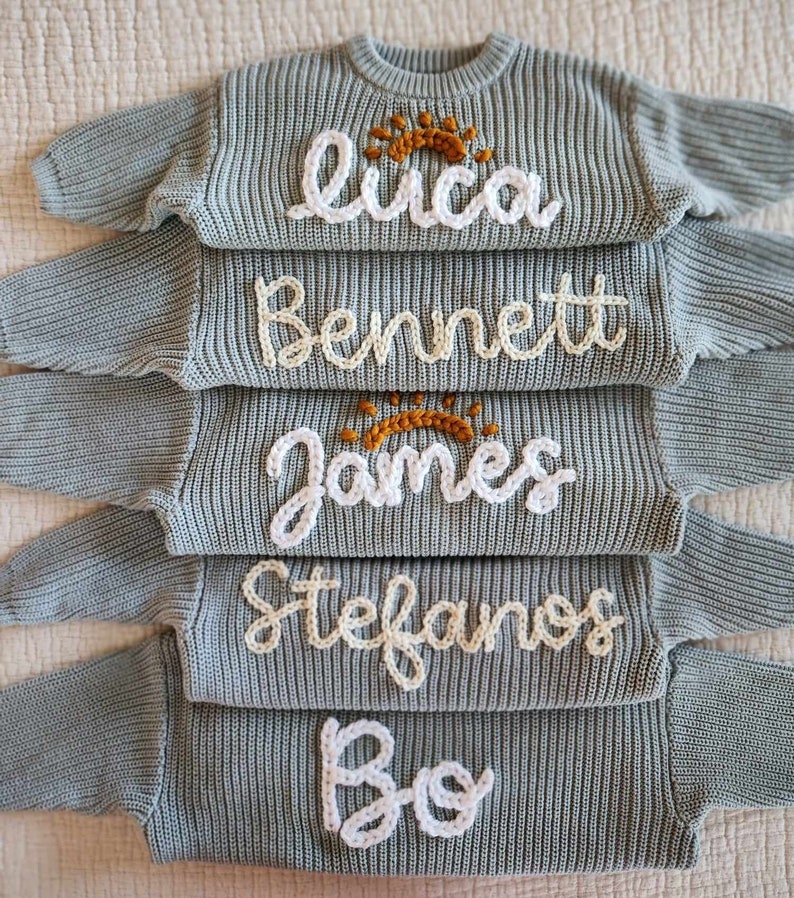 Sky Blue Baby Name Sweater, Hand Embroidered Sweater, Chunky Knit Sweater, Personalized Name Sweater, Baby Announcement, Custom Baby Gift image 1