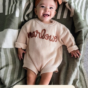 Personalized Hand Embroidered Sweater Romper, Birth Announcement Sweater, Name Sweater, Embroidered Knit Romper, First Birthday Outfit image 1