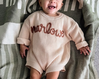 Personalized Hand Embroidered Sweater Romper, Birth Announcement Sweater, Name Sweater, Embroidered Knit Romper, First Birthday Outfit