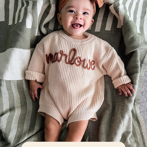 Personalized Hand Embroidered Sweater Romper, Birth Announcement Sweater, Name Sweater, Embroidered Knit Romper, First Birthday Outfit