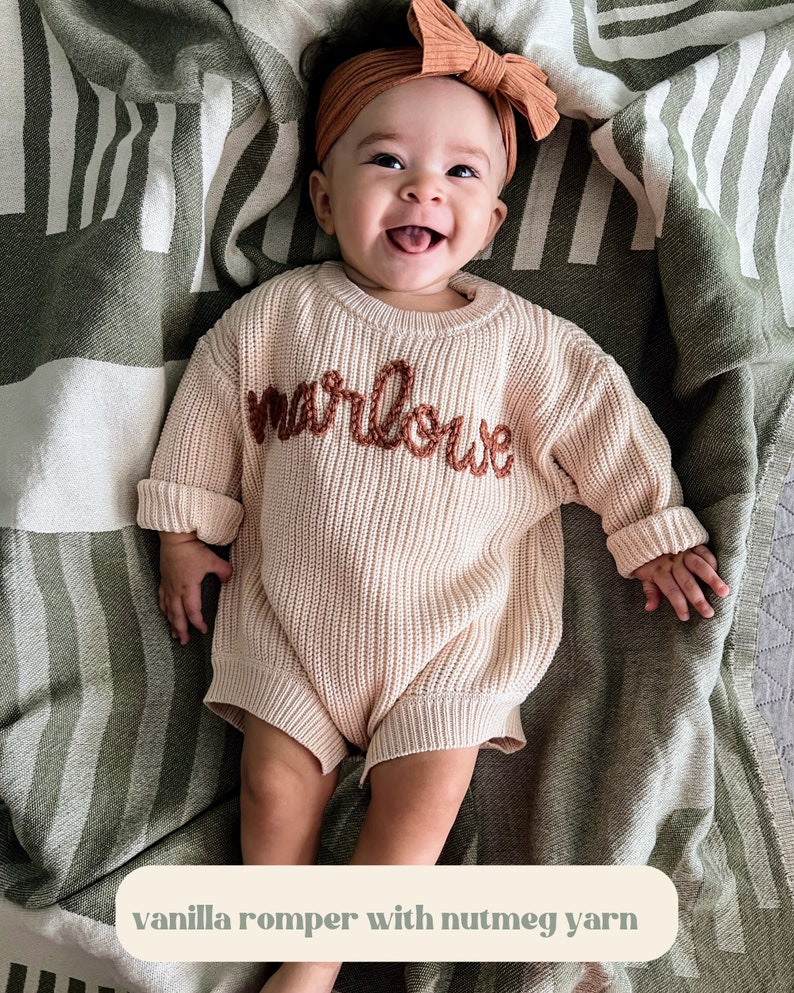 Personalized Hand Embroidered Sweater Romper, Birth Announcement Sweater, Name Sweater, Embroidered Knit Romper, First Birthday Outfit image 1