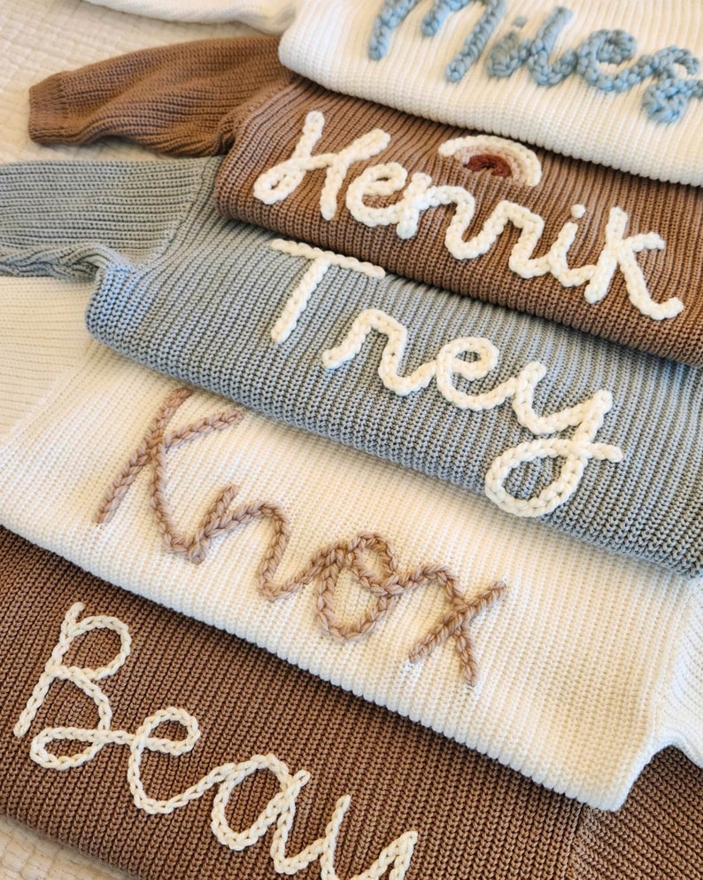 Baby Name Sweater, Hand Embroidered Name Sweater, Custom Baby Sweater, Personalized Sweater, Baby Announcement, Custom Baby Gift image 1