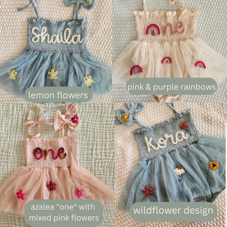 Custom Name Tutu, Hand Embroidered Baby Romper, Personalized Birthday Outfit, Embroidered Romper, First Birthday Outfit, Embroidered Tutu image 9