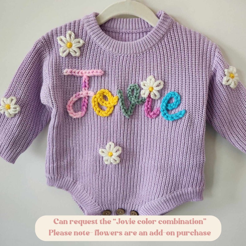 Personalized Hand Embroidered Sweater Romper, Birth Announcement Sweater, Name Sweater, Embroidered Knit Romper, First Birthday Outfit image 5
