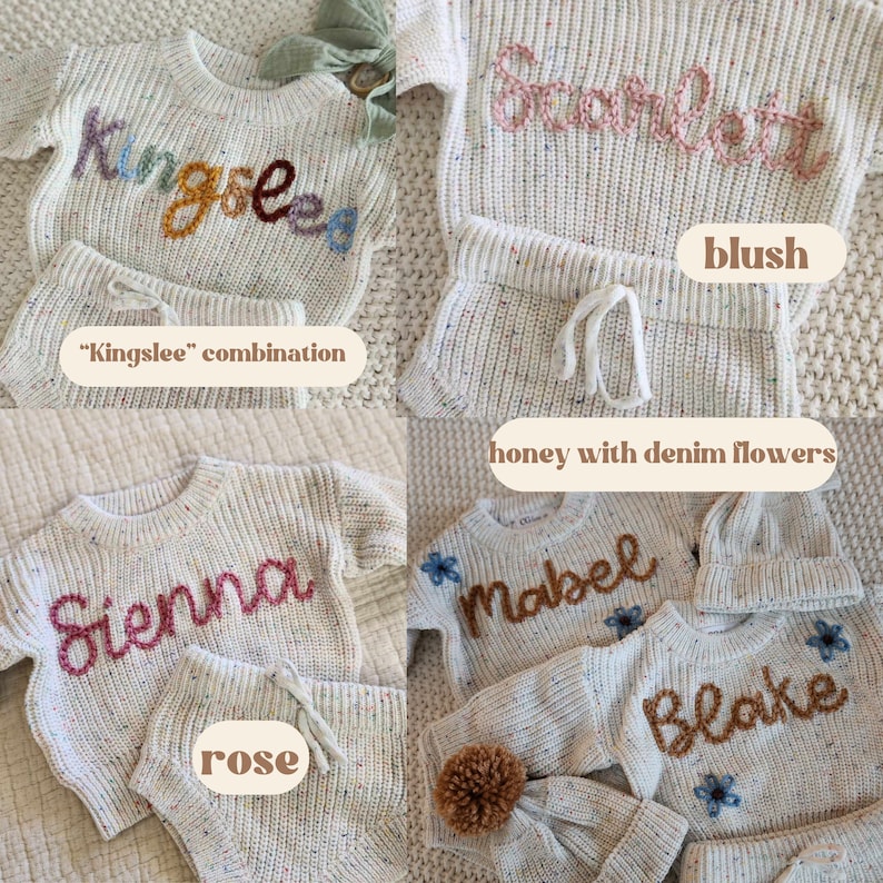 May include: A collection of cream-colored speckled knit sweaters and matching shorts sets. Each sweater features embroidered names including Kingslee, Scarlett, Sienna, Mabel, and Blake in various yarn colors. Some sets include matching knit hats.