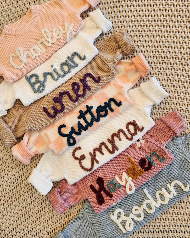 Baby Name Sweater, Hand Embroidered Name Sweater, Custom Baby Sweater, Personalized Sweater, Baby Announcement, Custom Baby Gift image 2