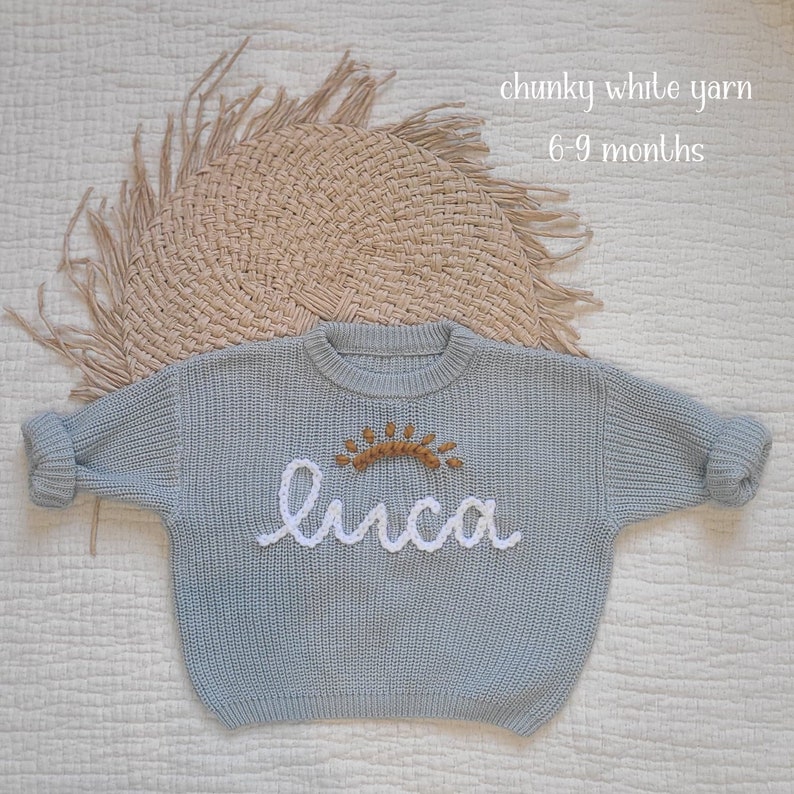 Sky Blue Baby Name Sweater, Hand Embroidered Sweater, Chunky Knit Sweater, Personalized Name Sweater, Baby Announcement, Custom Baby Gift image 6