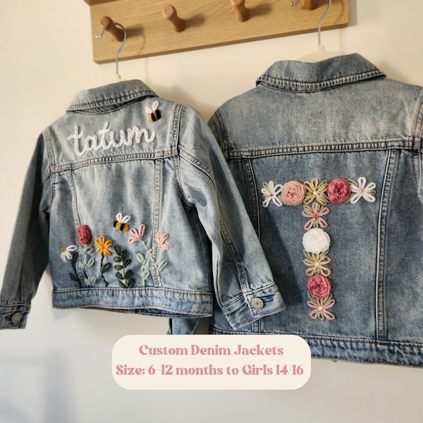 Personalisierte Jeansjacke für Babys, Kleinkinder & Jugendliche - Handbestickte benutzerdefinierte Jeansjacke - Wildblumen Jeansjacke, Premium individuelles Geschenk