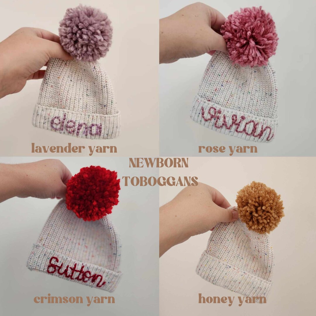 NEWBORN Personalized Toboggan, Hand Embroidered Beanie, Custom Name Toboggan With Pom Pom, Birth