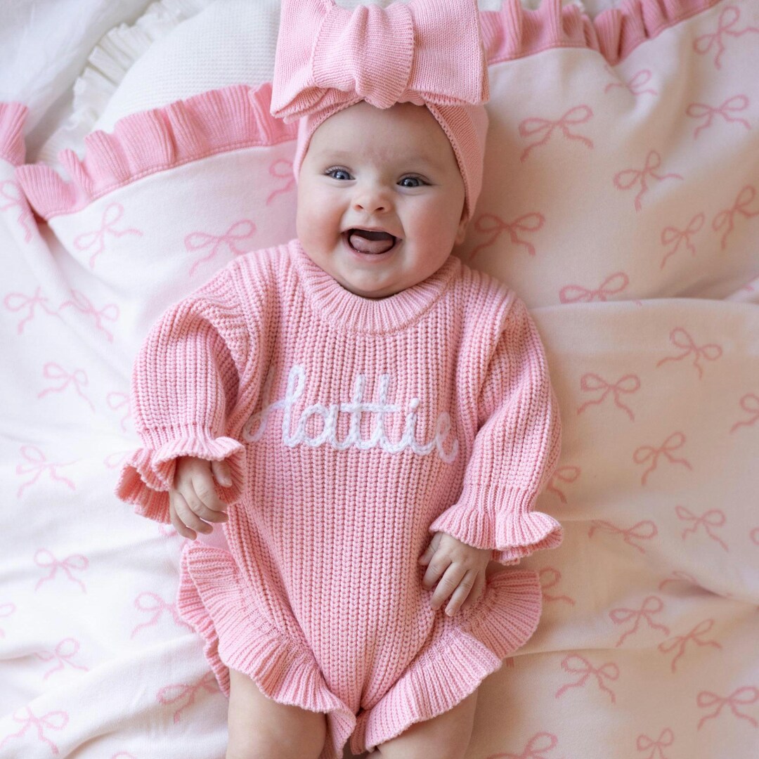 Pink Ruffle Romper, Hand Embroidered Baby Announcement, Personalized Coming Home Outfit, Baby Shower Gift