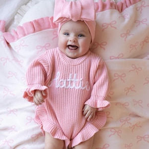 Pink Ruffle Romper, Hand Embroidered Baby Announcement, Personalized Coming Home Outfit, Baby Shower Gift