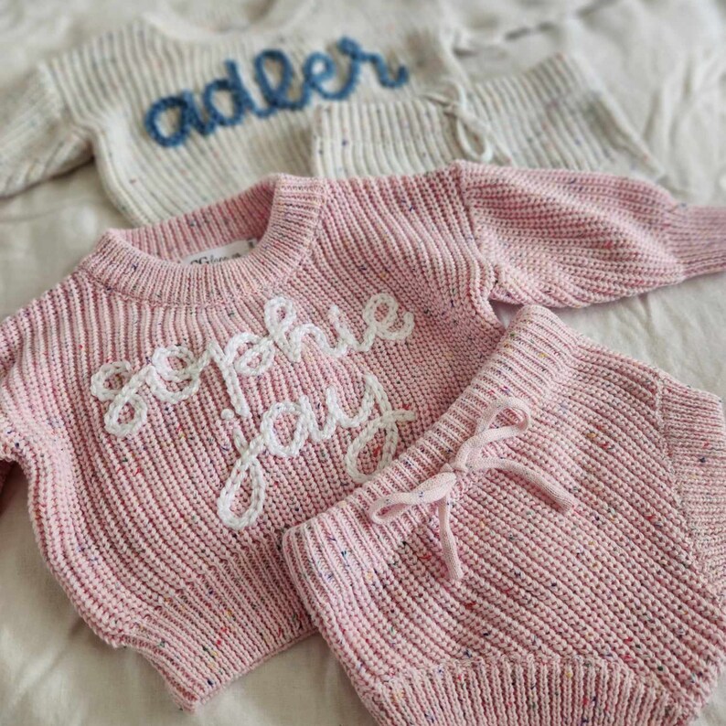 NEWBORN Hand Embroidered Sweater Set, Custom Name Baby Sweater & Shorts, Personalized Birth Announcement, Knit Sweater Baby Announcement image 2